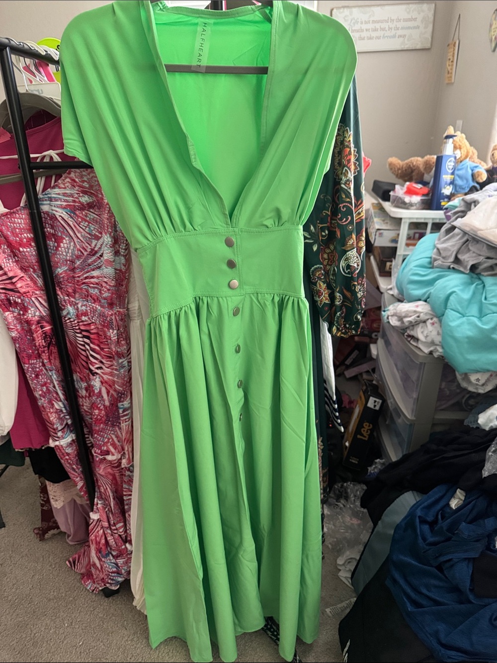 Casual Button-Front Green Midi Dress Halfheart M
